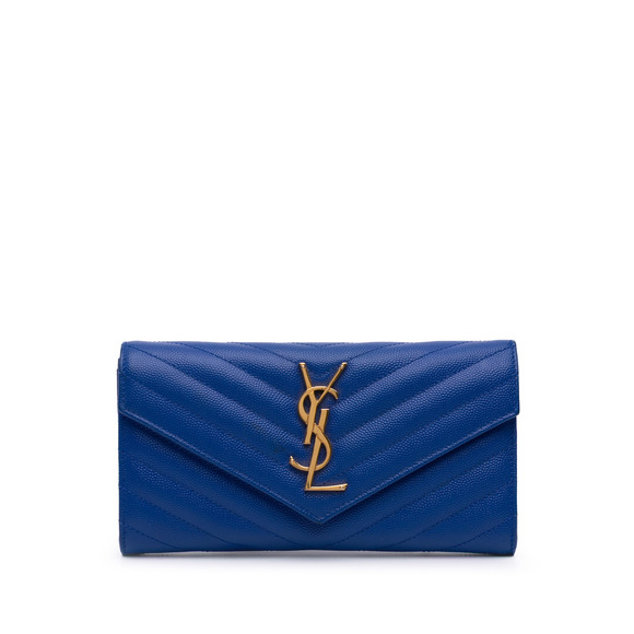 Pre-Loved Saint Laurent Grain De Poudre Matelasse Chevron Monogram Flap Wallet - Picture 1 of 11